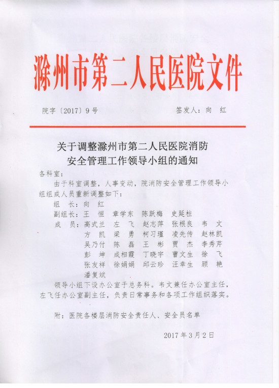 关于调整滁州市第二人民医院消防安全管理工作
